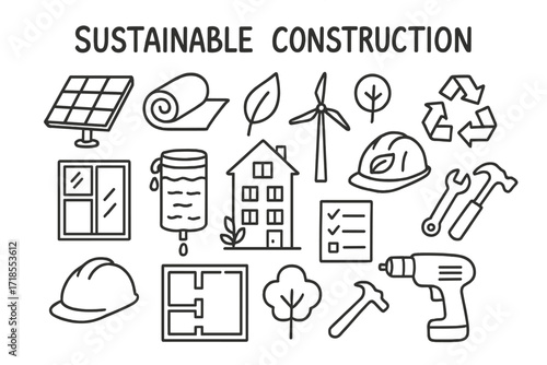 Eco-Friendly Construction Doodles. Hand-drawn doodle illustration Sustainable construction [solar panel, insulation roll, green leaf, wind turbine, recycled