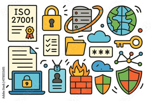 IT Security Doodles. Colorful Hand-drawn doodle Children illustration ISO certificate, padlock, server rack, checklist, document, globe, file folder, password,