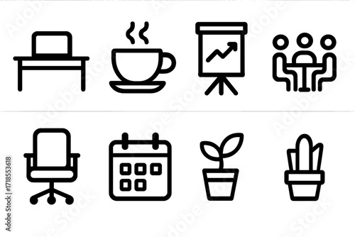 Start-Up Workspace Icons. Solid, filled icon set of start-up workspace: office desk, laptop, coffee cup, whiteboard, meeting room, swivel chair, calendar,