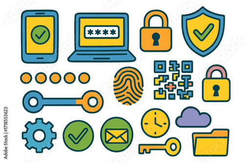 Secure Digital Doodle. Colorful Hand-drawn doodle Children illustration Two-factor authentication [smartphone, laptop, lock, password dots, fingerprint,