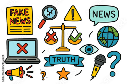 Truth vs Fake News. Colorful Hand-drawn doodle Children illustration Fake news vs truth [newspaper, broken magnifying glass, warning sign, speech bubble,