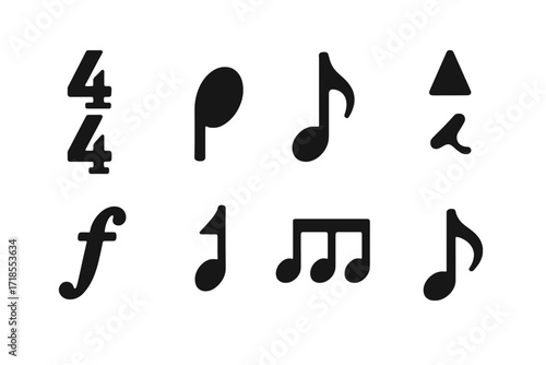 Musical Notation Icons. Solid, filled icon set of groove notation symbols: time signature, note heads, rests, accents, dynamics, tempo, triplets, syncopation