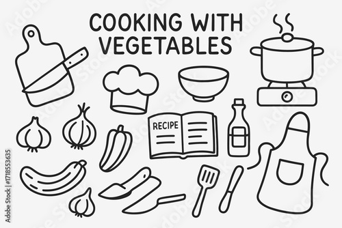 Vegetable Cooking Doodle. Hand-drawn doodle illustration Cooking with Vegetables chopping board, kitchen knife, pot, stove, steam line, onion, garlic, pepper,