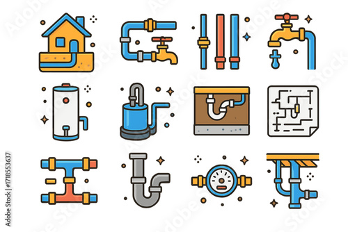 Colorful Plumbing Icons. Colorful isometric vector icons set of plumbing system overview: house water main, cold and hot water pipes, outdoor spigot, water