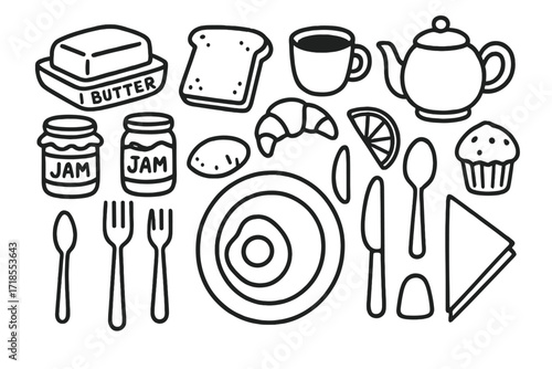 Breakfast Table Doodle. Hand-drawn doodle illustration Breakfast Table butter dish, toast, coffee cup, plate, egg, fork, knife, spoon, napkin, jam jar,