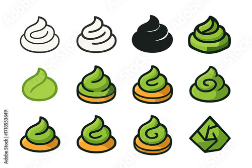 Sushi Logo Variations. Set Logo of Sushi Flavor: Wasabi swirl. Logo set in vector style, emblematic variations. line, bold thick line, solid black filled,