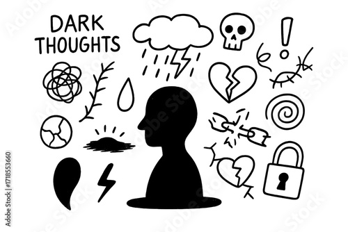 Dark Thoughts Doodle. Hand-drawn doodle illustration Dark thoughts over a person [person silhouette, shadow, storm cloud, rain, lightning, teardrop, broken