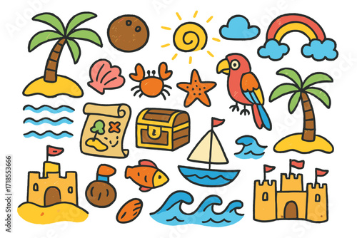 Tropical Island Doodles. Colorful Hand-drawn doodle Children illustration remote islands palm tree, coconut, seashell, crab, starfish, parrot, treasure chest,