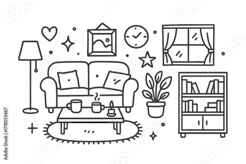 Cozy Living Room Doodles. Hand-drawn doodle illustration Cozy living room [sofa, lamp, bookshelf, coffee table, rug, window, plant, heart, star, sparkle,