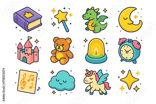 Children's Bedtime Icons. Colorful isometric vector icons set of children's bedtime stories: fairy tale book, magic wand, dragon illustration, sleeping moon,