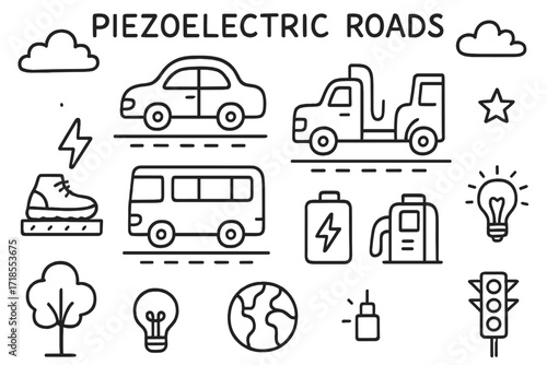 Piezoelectric Road Doodles. Hand-drawn doodle illustration Piezoelectric roads [road, shoe, car, bus, truck, energy bolt, battery, pressure plate, charging