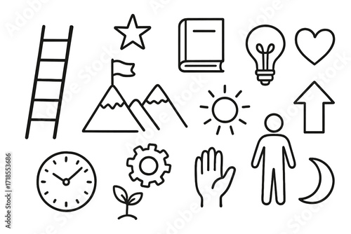 Self-Improvement Journey Icons. Hand-drawn doodle illustration self improvement ladder, mountain peak, flag, star, book, light bulb, heart, gear, clock, arrow