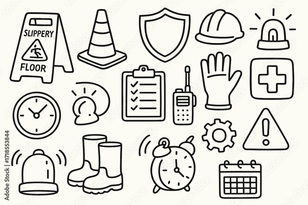 Fototapeta premium Workplace Safety Icons. Hand-drawn doodle illustration [accident prevention at work] [slippery floor sign, cone, shield, helmet, warning light, first aid