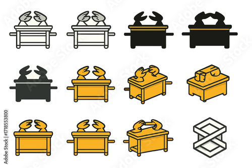 Ark Emblem Variations. Set Logo of religious myths and their cultural importance: ark of the covenant. Logo set in vector style, emblematic variations. line,