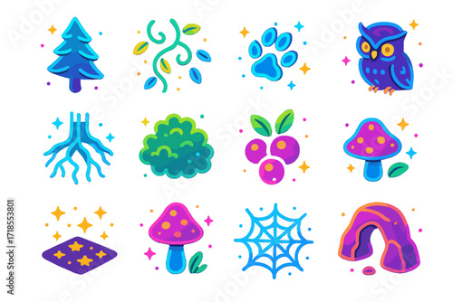 Glowing Forest Icon Set. Colorful isometric vector icons set of glowing forest elements: neon pine tree, shimmering vines, glowing animal tracks, radiant tree