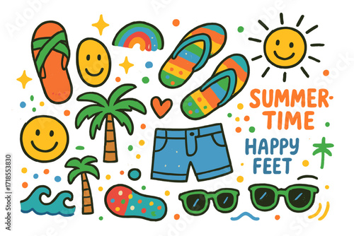 Summertime Footwear Fun. Colorful Hand-drawn doodle Children illustration Summertime Footwear Choices sandal, flip flop, sneakers, smiling face, rainbow