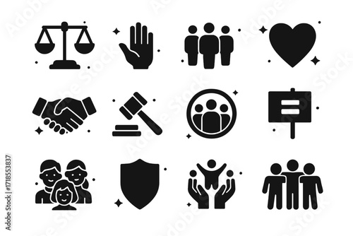Balanced Justice Icons. Fairness. Solid icons set of balanced scale, open hand, group of people, handshake, heart, justice hammer, inclusive circle, equality