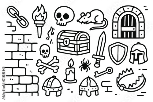 Dungeon Doodle Icons. Hand-drawn doodle illustration dungeon chains, torch, skull, treasure chest, rat, door with bars, sword, shield, helmet, bones, candle,