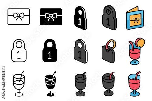 Pre-Dinner Icon Set. Icon Set of Pre-Dinner Elements: Invitation card, Coat check tag, Welcome drink. Icons set in vector style, emblematic variations.