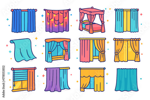 Colorful Curtain Icons. Colorful isometric vector icons set of bedroom curtain settings: long blackout drapes, fairy lights on curtain, canopy bed curtains,