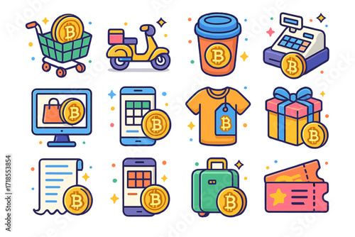 Bitcoin Shopping Icons. Colorful isometric vector icons set of bitcoin and everyday purchases: shopping cart with bitcoin, food delivery with BTC, coffee cup