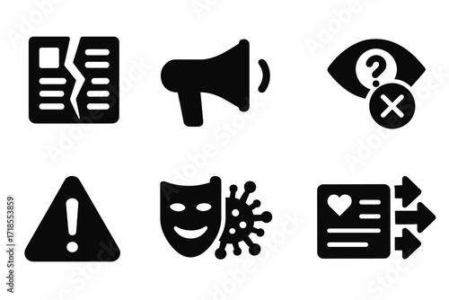 Misinformation Icon Set. Solid, filled icon set of fake news and misinformation: broken newspaper, megaphone, crossed speech bubble, eye with question mark,