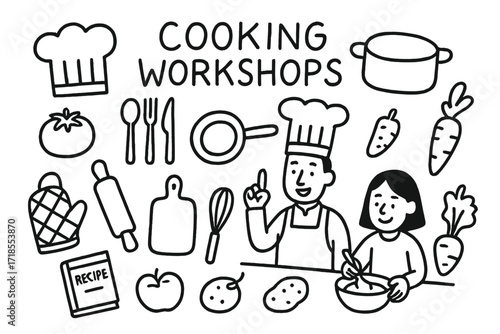 Cooking Workshop Doodles. Hand-drawn doodle illustration Cooking workshops [chef hat, spoon, fork, knife, pan, pot, cutting board, rolling pin, oven mitt,