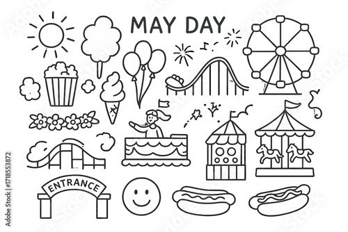 Amusement Park Doodles. Hand-drawn doodle illustration [May Day at an amusement park] [ferris wheel, roller coaster, popcorn, cotton candy, balloons, ice cream