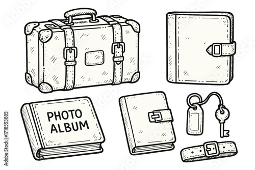 Vintage Leather Collection. Hand-drawn doodle illustration Antique Leather Goods vintage suitcase, document folder, photo album, straps, locks, wear marks,