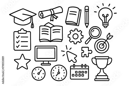 Educational Symbols Doodle. Hand-drawn doodle illustration education and skills graduation cap, diploma, book, pencil, light bulb, gear, checklist, computer,