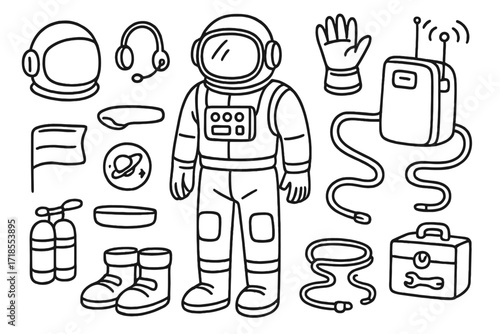 Astronaut Gear Doodles. Astronaut gear. Hand-drawn doodle illustration astronaut gear helmet, gloves, boots, space suit, oxygen tank, visor, control buttons,