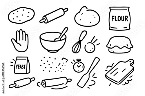 Baking Essentials Doodle. Hand-drawn doodle illustration Flatbread and dough preparation rolling pin, dough ball, flour bag, hand icon, bowl, whisk, cloth