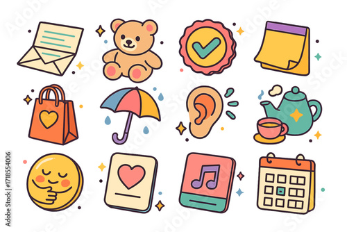 Supportive Gesture Icons. Colorful isometric vector icons set of supportive friendship gestures: handwritten letter, emotional support plushie, ?you got this?