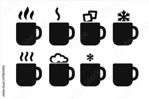 Mug Temperature Icons. Solid, filled icon set of mug contents temperature: hot, warm, iced, cold, steaming, frothy, chilled, room temperature. Solid, filled
