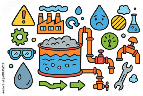 Factory Wastewater Elements. Colorful Hand-drawn doodle Children illustration Factory wastewater treatment large tank, pipes, alert sign, dirty droplet, filter
