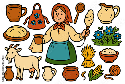 Peasant Life Doodles. Colorful Hand-drawn doodle Children illustration Peasant daily routine clay mug, apron, wooden ladle, spinning thread, bread dough,