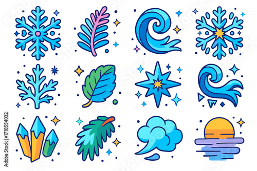 Frosty Isometric Icons. Colorful isometric vector icons set of seasonal frost motifs: frosty snowflake, icy fern, glacial swirl, snow crystal burst, hoarfrost