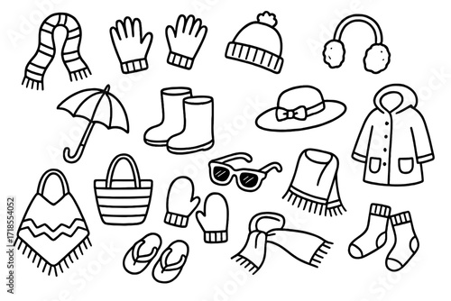 Hand-drawn Seasonal Accessories. Hand-drawn doodle illustration Seasonal accessories [scarf, gloves, beanie, earmuffs, umbrella, rain boots, sunglasses,
