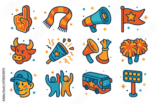 Team Spirit Icons. Colorful isometric vector icons set of team spirit and fan support: foam finger, team scarf, megaphone, banner flag, team mascot, confetti
