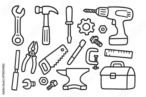 Tool Doodle Icons. Hand-drawn doodle illustration machine tools wrench, hammer, screwdriver, drill, pliers, saw, gear, bolt, nut, file, chisel, clamp, ruler,