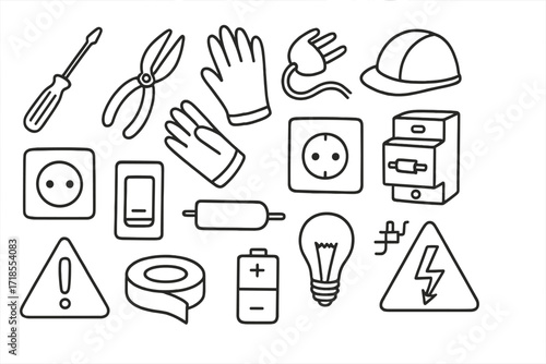 Electrical Tools Doodle. Hand-drawn doodle illustration Repairing electrical wiring screwdriver, pliers, gloves, helmet, wire coil, plug, socket, switch, fuse,
