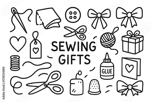 Sewing Gifts Doodle. Sewing Gifts. Hand-drawn doodle illustration sewing gifts needle, thread, scissors, fabric, button, ribbon, bow, heart, tag, gift box,