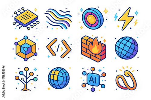 Colorful Tech Icons. Colorful isometric vector icons set of tech elements: circuit chip, data stream, energy core, electric spark, nano cube, code bracket,