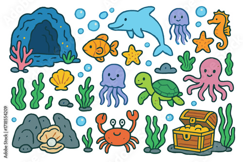 Underwater Adventure Doodles. Colorful Hand-drawn doodle Children illustration Underwater Caves coral, seashell, fish, starfish, seaweed, bubbles, dolphin,