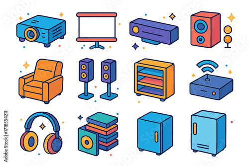 Isometric Home Theater Icons. Colorful isometric vector icons set of home theater setup: projector, projector screen, soundbar, subwoofer, reclining chair,