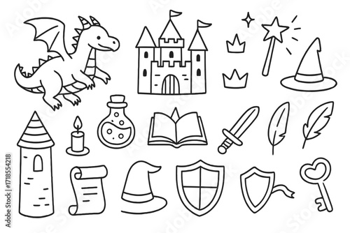 Fantasy Doodle Icons. Hand-drawn doodle illustration organizing family holiday celebration Christmas tree, star, snowflake, bell, gift box, stocking, heart,