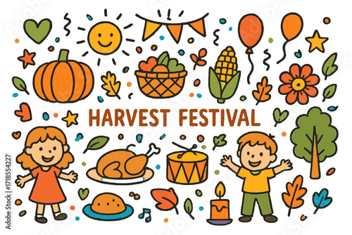 Colorful Harvest Festival Icons. Harvest festival. Colorful Hand-drawn doodle Children illustration pumpkin, corn, basket, flower, sun, leaf, tree, heart,