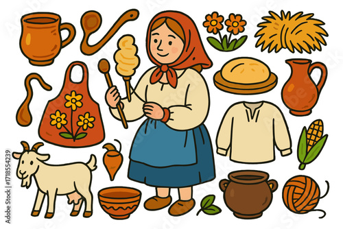 Peasant Life Doodles. Colorful Hand-drawn doodle Children illustration Peasant daily routine clay mug, apron, wooden ladle, spinning thread, bread dough,