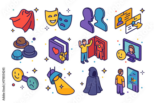 Alter Ego Icons. Colorful isometric vector icons set of alter egos: superhero cape, theatrical masks, mirrored silhouette, name tag swap, hat collection,