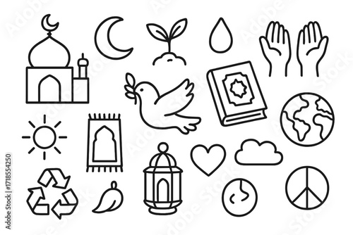 Faith and Environment Icons. Hand-drawn doodle illustration Faith-based environmental care mosque, crescent moon, plant, hands, water drop, Quran, sun, prayer